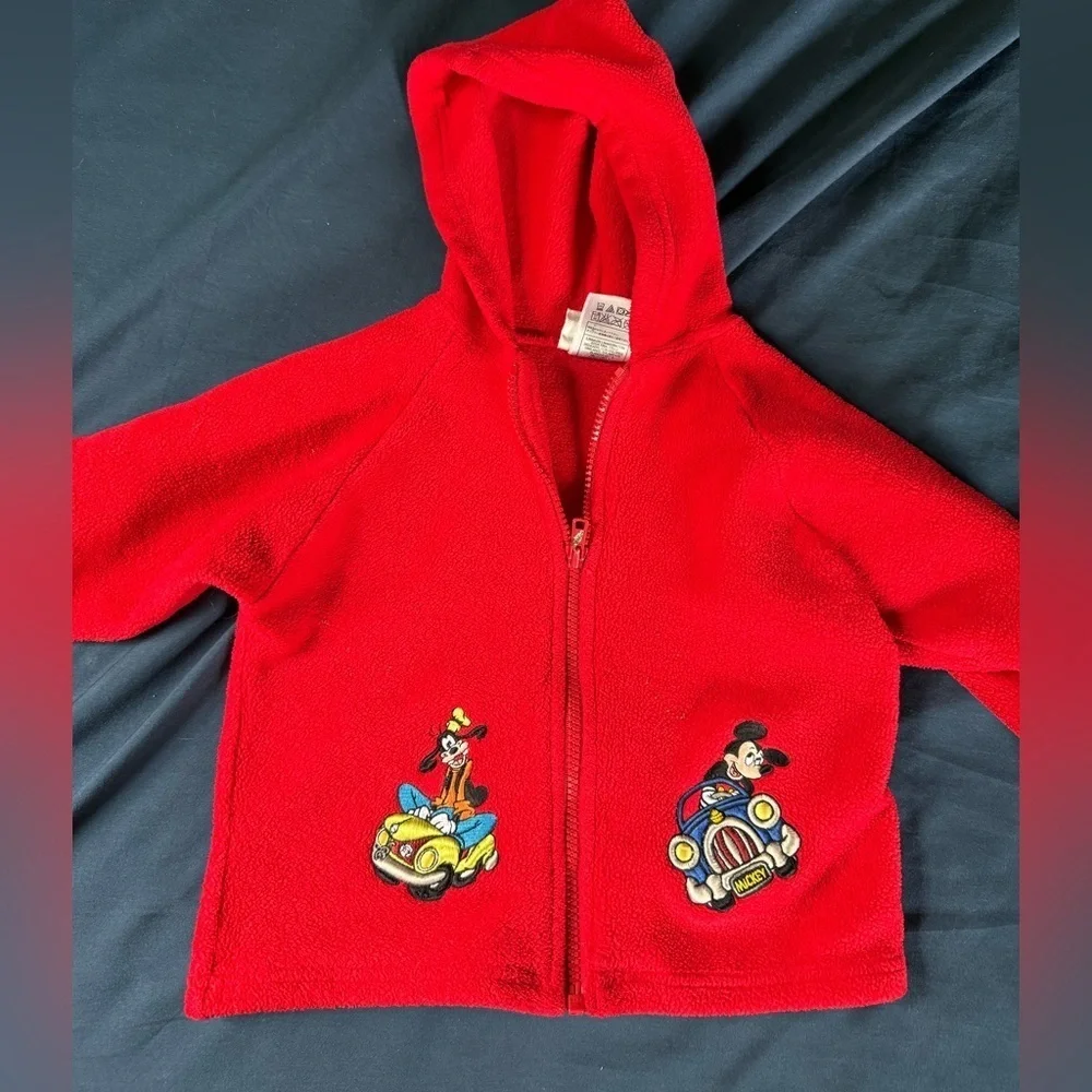Vintage Y2K Disney Baby Mickey Goofy Cars Fleece Hoodie Full Zip Red 24 Months